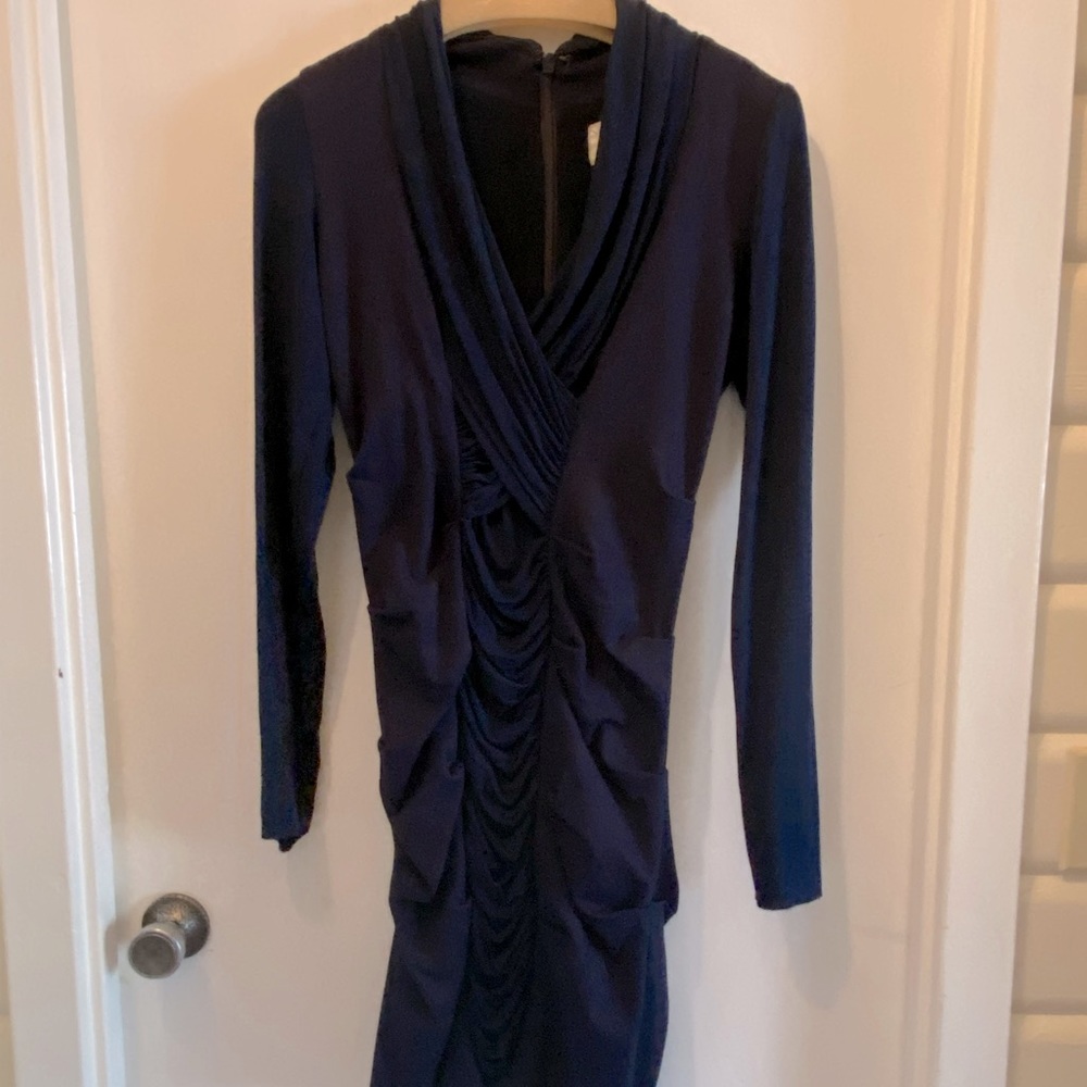 Nicole Miller Navy Blue Rouched Long-sleeve Dress